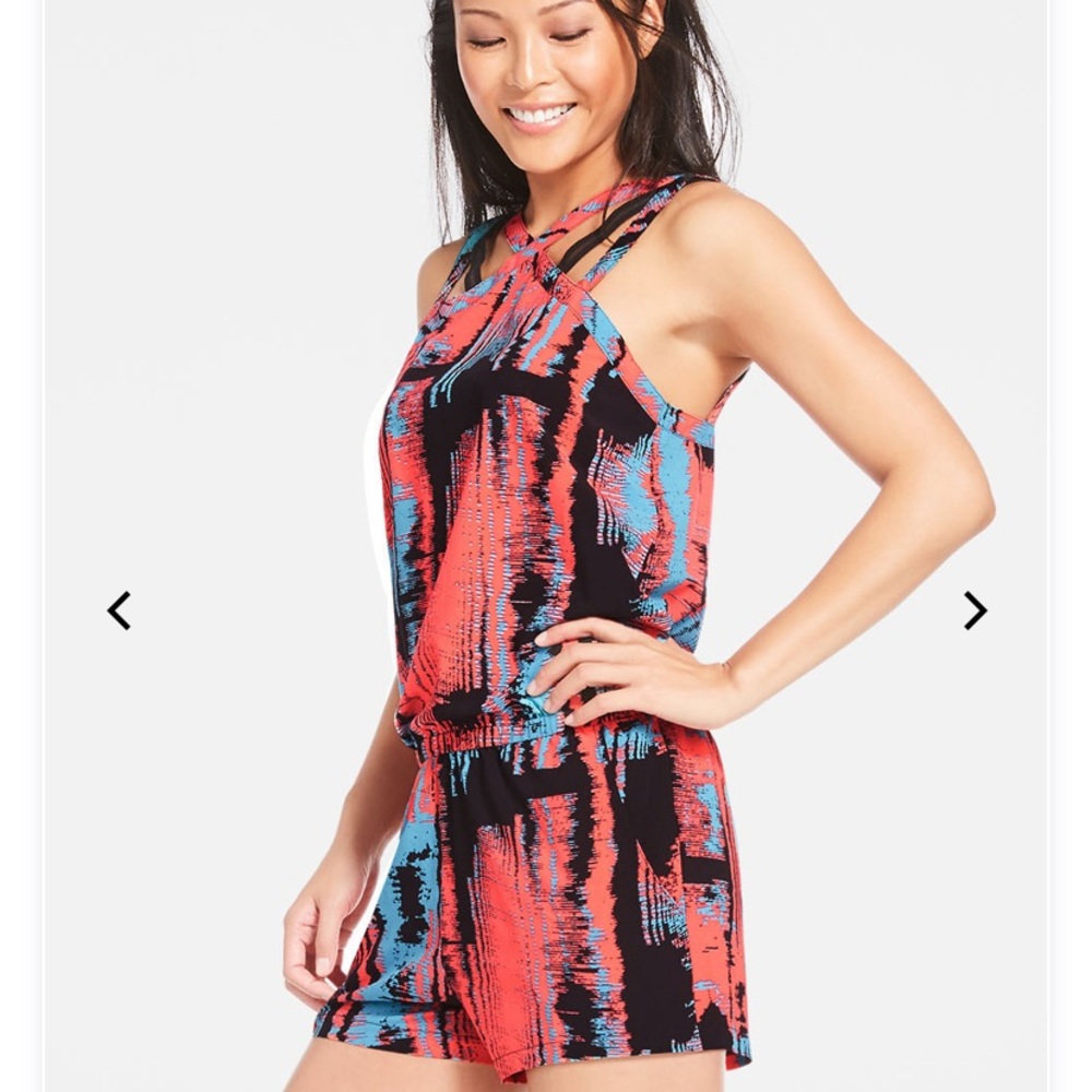 Fabletics Coral Blue Black Abstract Strappy Romper